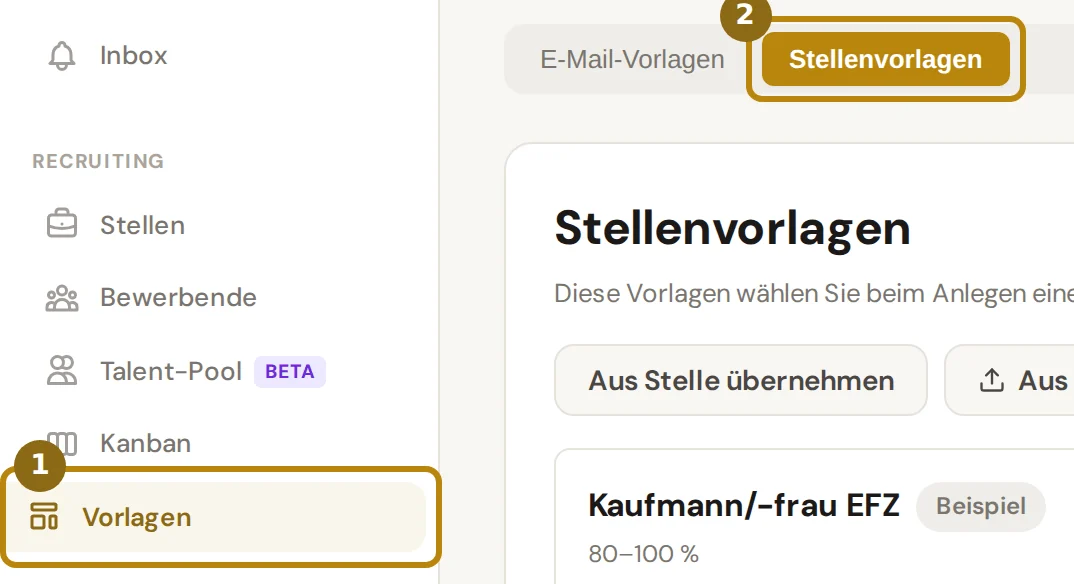Seitenleiste des Recruitings mit dem Eintrag Vorlagen und die Reiter der Seite Vorlagen, markiert sind der Eintrag Vorlagen und der Reiter Stellenvorlagen