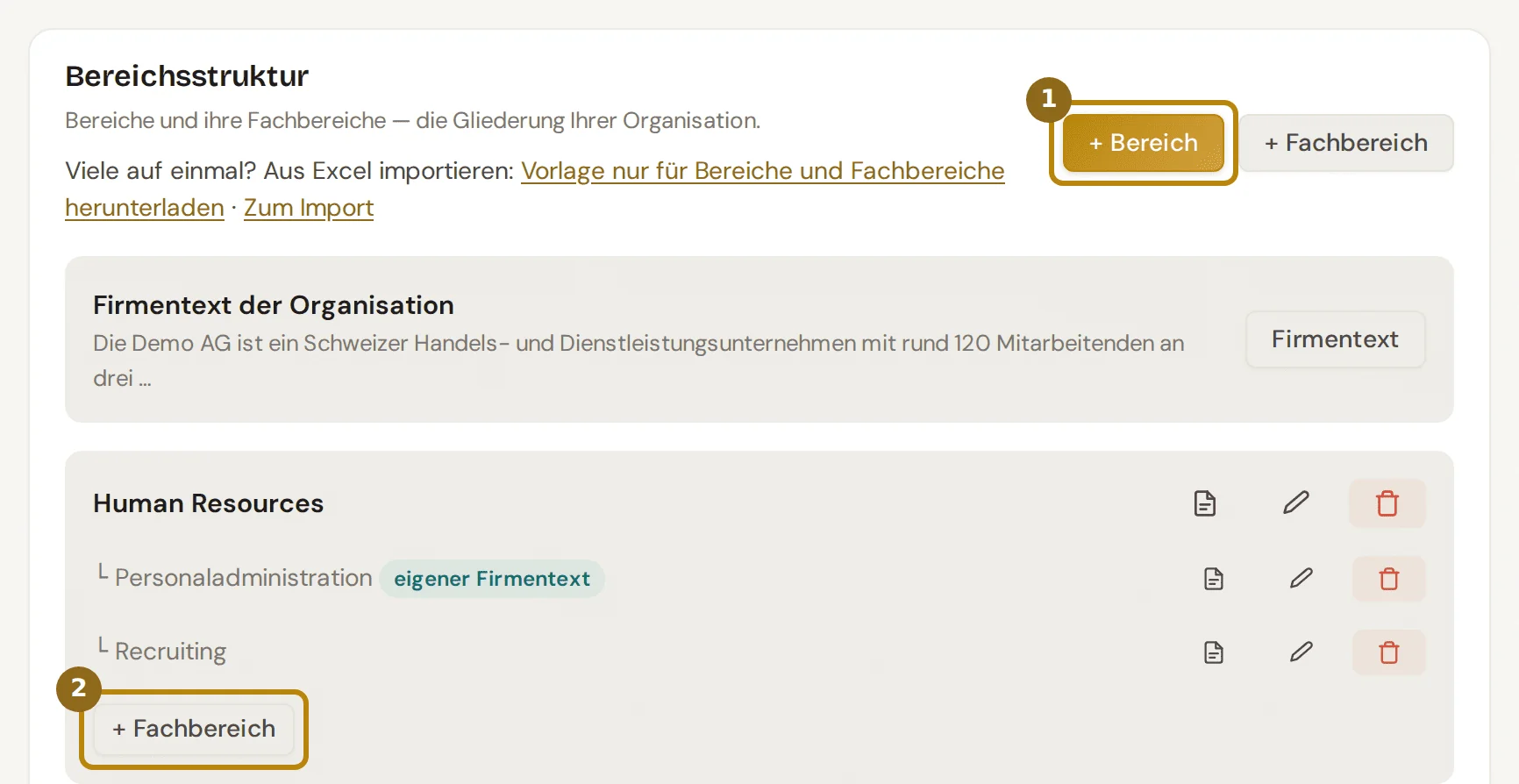 Abschnitt Bereichsstruktur, markiert sind der Knopf für einen neuen Bereich und der Knopf für einen Fachbereich im ersten Bereich