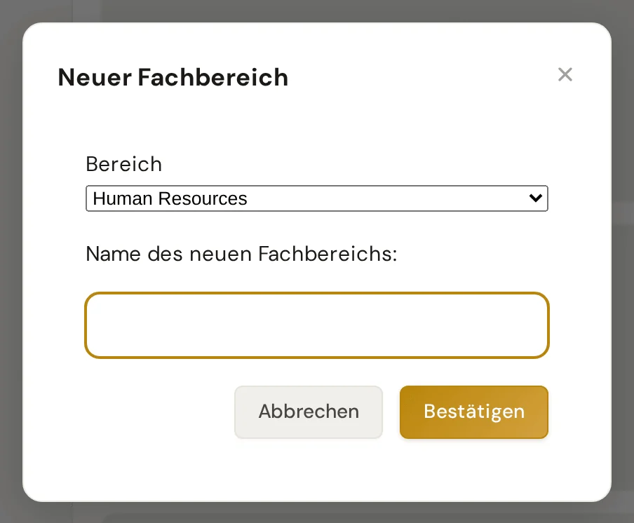 Dialog Neuer Fachbereich mit der Auswahlliste Bereich und dem Feld für den Namen