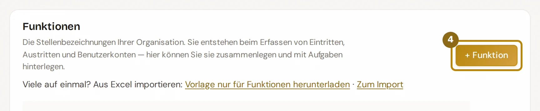 Kopf des Abschnitts Funktionen, markiert ist der Knopf für eine neue Funktion