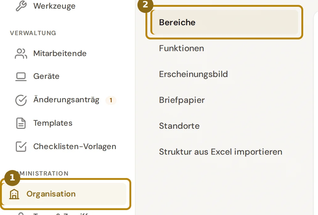 Seitenleiste und Abschnittsliste der Administration, markiert sind der Eintrag Organisation und der Abschnitt Bereiche
