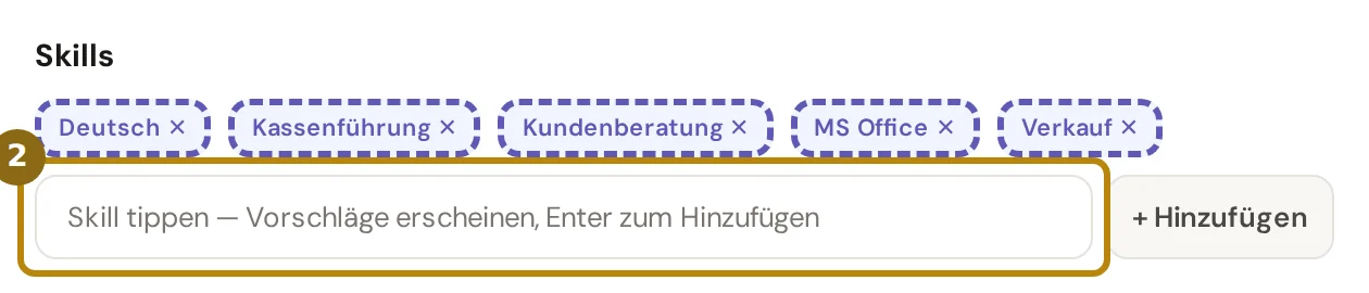 Abschnitt Skills im Profil mit den erfassten Skills und dem Feld zum Hinzufügen, markiert ist das Feld