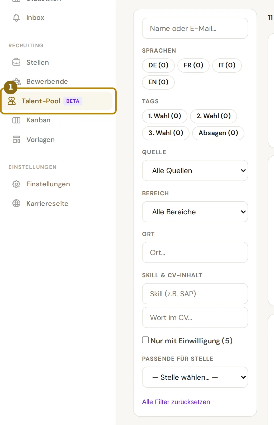 Seitenleiste mit dem Eintrag Talent-Pool und die Filterspalte der Seite mit Suche, Sprachen, Tags, Quelle, Ort, Skill und Passende für Stelle, markiert ist der Eintrag