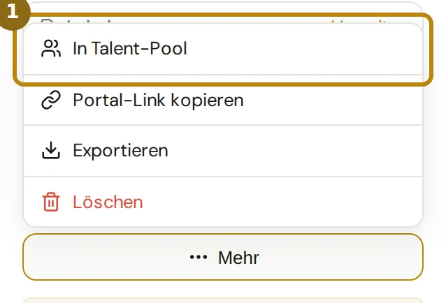 Aufgeklapptes Menü Mehr in der Bewerberakte, markiert ist der Eintrag In Talent-Pool