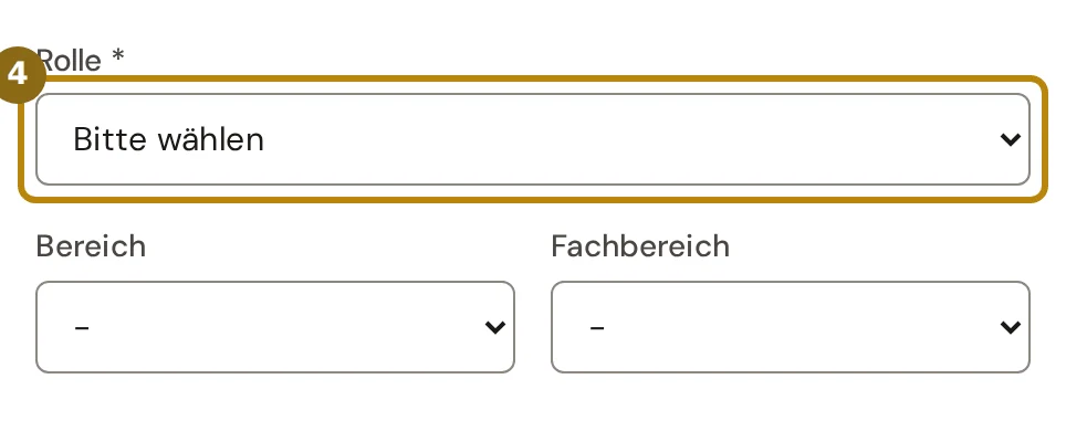 Dialog Benutzer hinzufügen mit der Auswahl Rolle und den Feldern Bereich und Fachbereich, markiert ist die Rolle