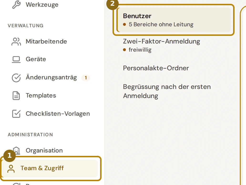 Seitenleiste und Abschnittsliste der Administration, markiert sind der Eintrag Team und Zugriff und der Abschnitt Benutzer