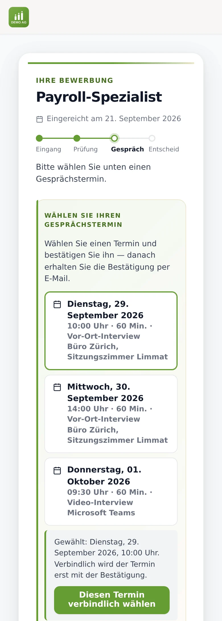 Statusportal am Handy mit drei vorgeschlagenen Terminen, der erste angetippt, darunter der Knopf Diesen Termin verbindlich wählen
