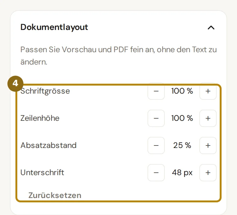 Aufgeklappte Karte Dokumentlayout mit den Reglern Schriftgrösse, Zeilenhöhe, Absatzabstand und Unterschrift, markiert sind die Regler