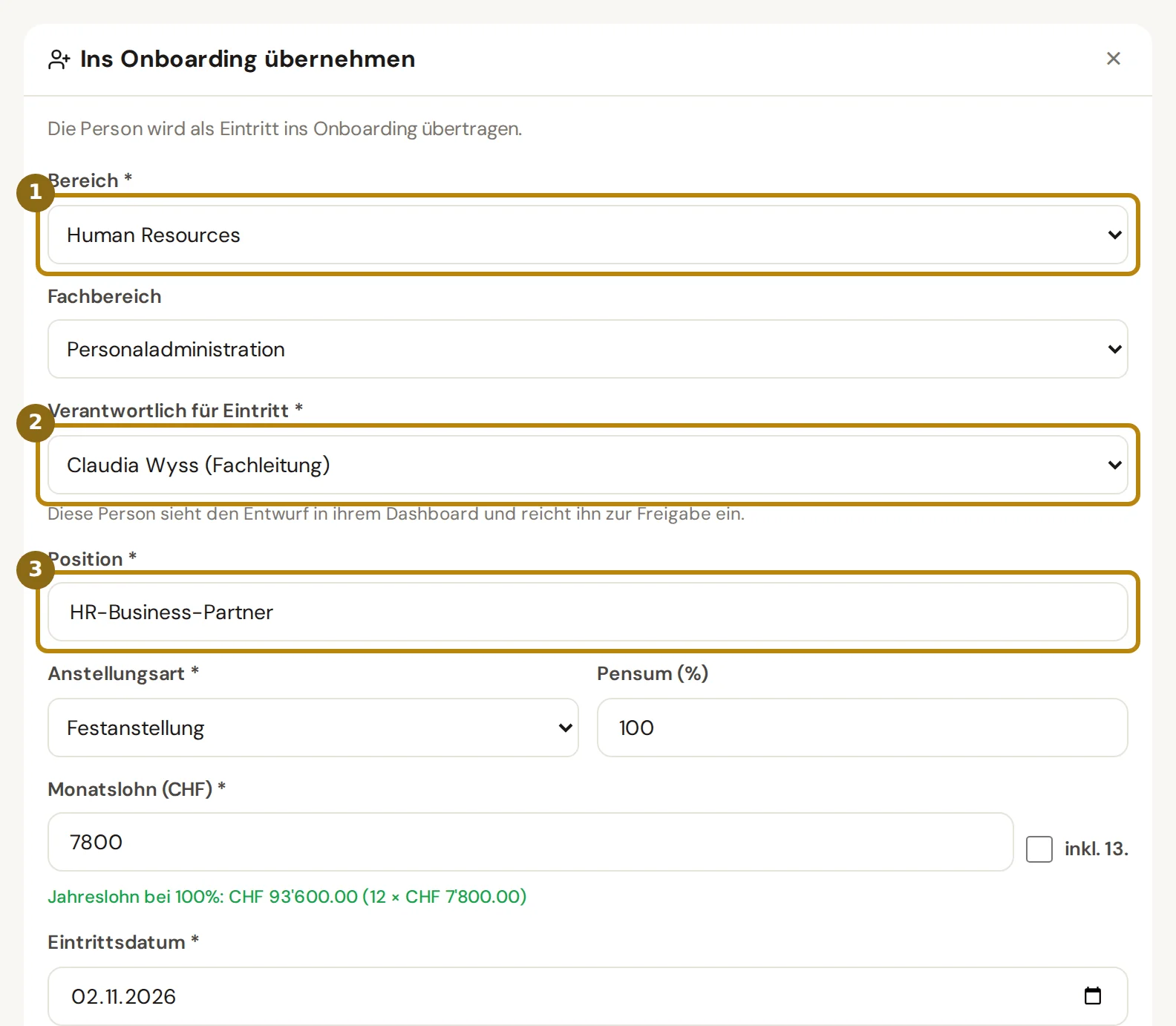 Fenster Ins Onboarding übernehmen mit Bereich, Fachbereich, Verantwortlich für Eintritt, Position, Anstellungsart und Pensum, markiert sind Bereich, Verantwortlich und Position