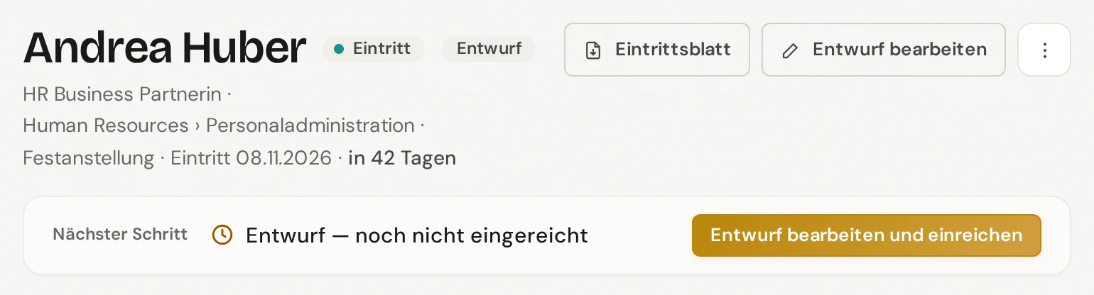 Kopf des übernommenen Eintritts im Onboarding als Entwurf mit dem nächsten Schritt