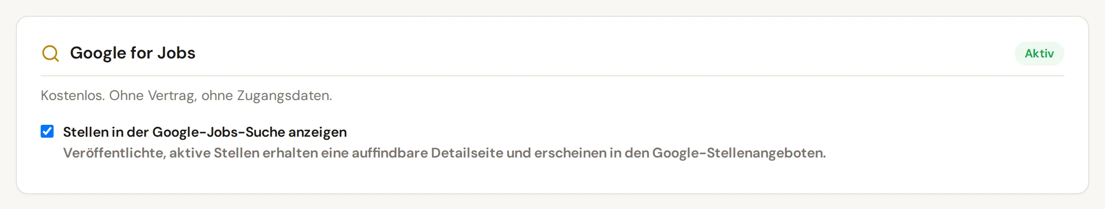 Reiter Job-Portale der Einstellungen mit der Karte Google for Jobs und dem Schalter Stellen in der Google-Jobs-Suche anzeigen