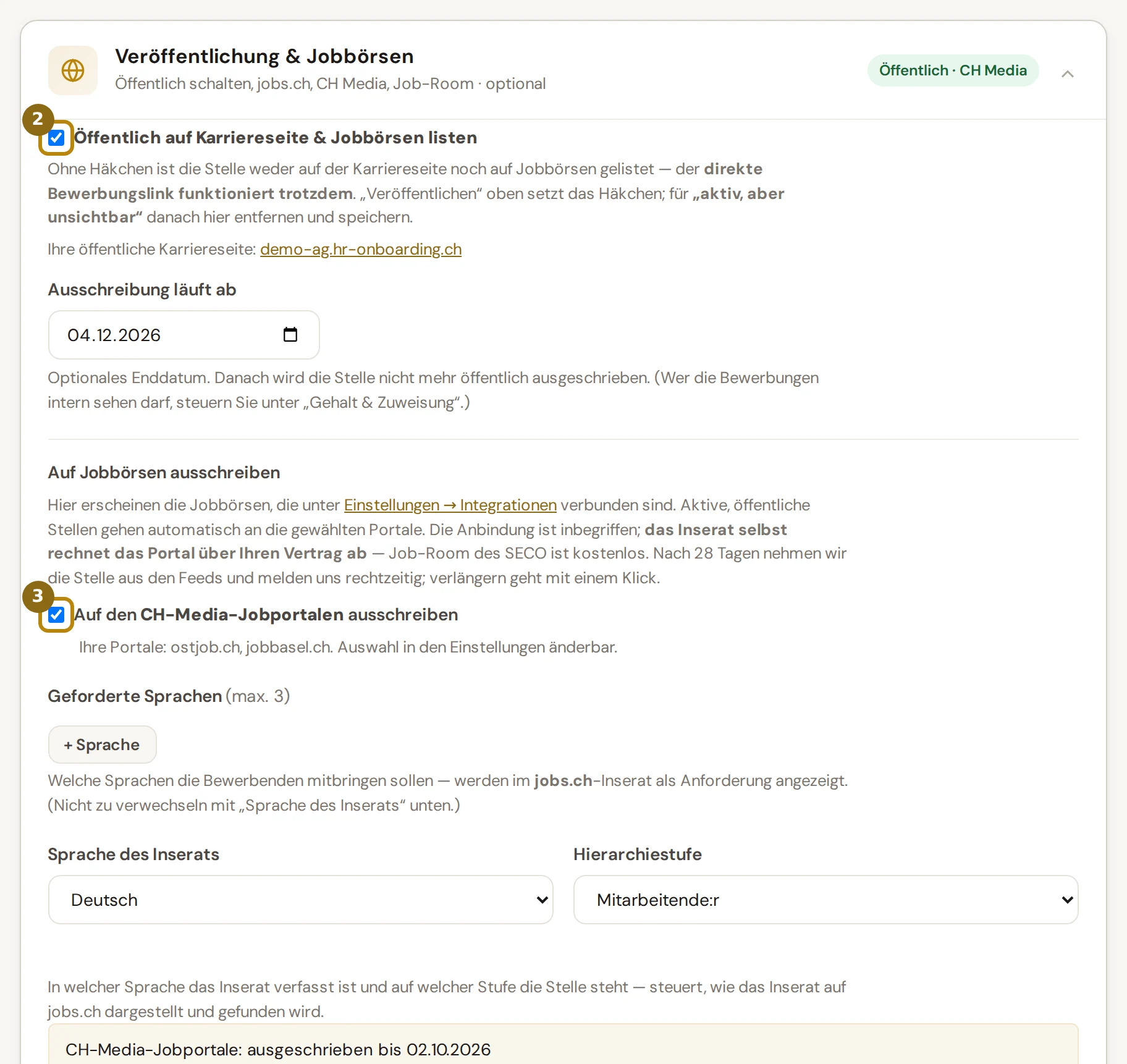 Aufgeklappte Gruppe Veröffentlichung und Jobbörsen mit dem Häkchen Öffentlich, dem Ablaufdatum und den Häkchen der Jobbörsen, markiert sind das Häkchen Öffentlich und das Häkchen der CH-Media-Jobportale