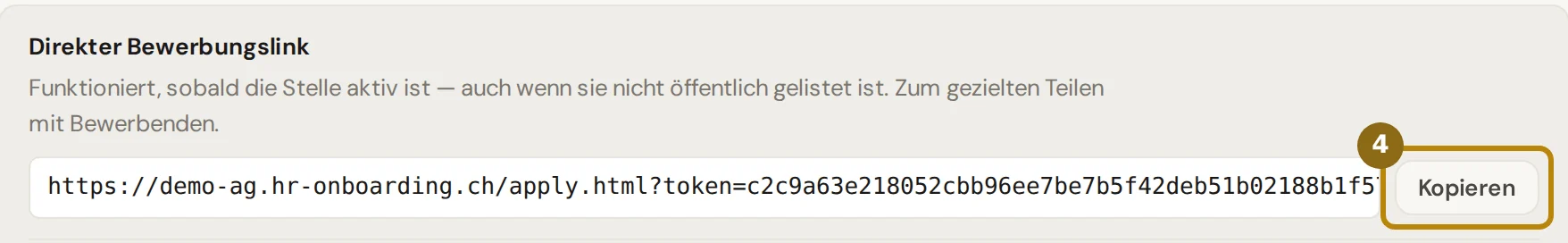 Abschnitt Direkter Bewerbungslink in der Statusleiste einer aktiven Stelle mit der Adresse und dem Knopf Kopieren, markiert ist Kopieren
