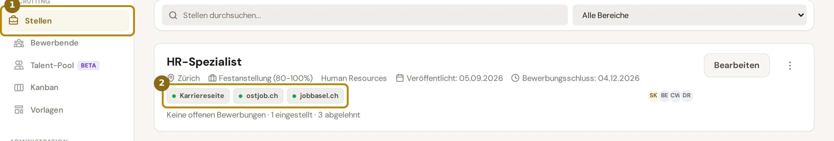 Seitenleiste mit dem Eintrag Stellen und eine aktive Stelle der Demo AG mit den Abzeichen ihrer Kanäle, markiert sind der Eintrag Stellen und die Abzeichen