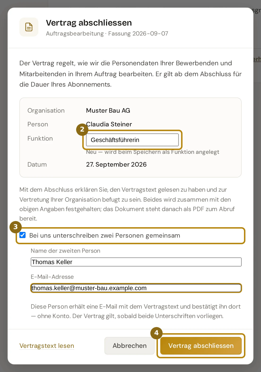 Fenster Vertrag abschliessen mit Organisation, Person, Funktion und Datum, darunter das gesetzte Häkchen für zwei Personen mit Name und Adresse der zweiten Person; markiert sind die Funktion, das Häkchen und der Knopf Vertrag abschliessen
