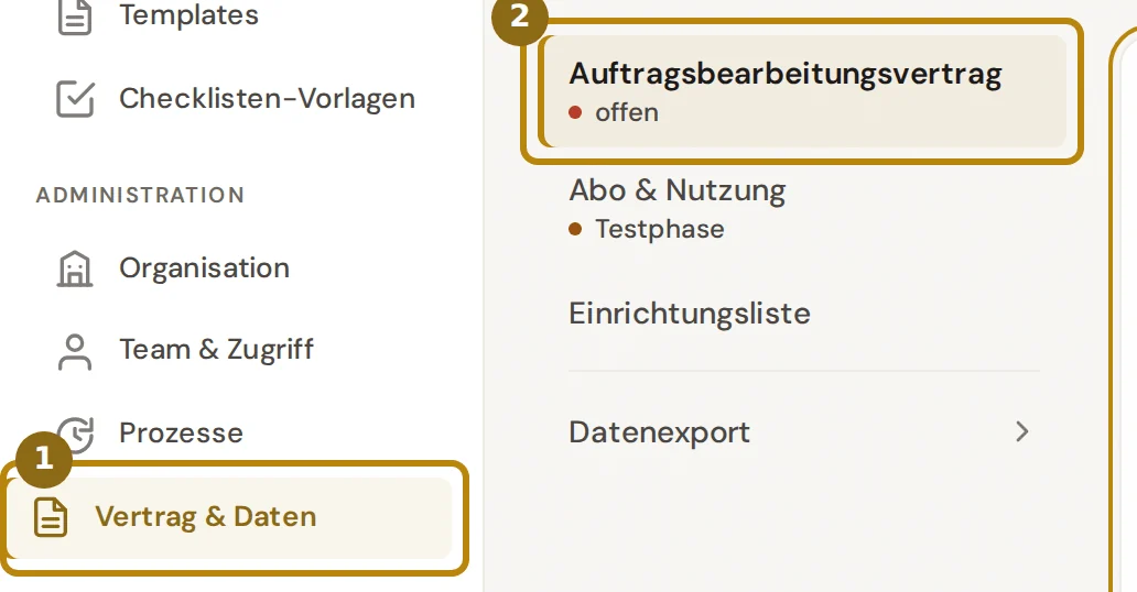 Seitenleiste mit dem Eintrag Vertrag und Daten und die Abschnittsliste der Gruppe, markiert sind der Eintrag und der Abschnitt Auftragsbearbeitungsvertrag