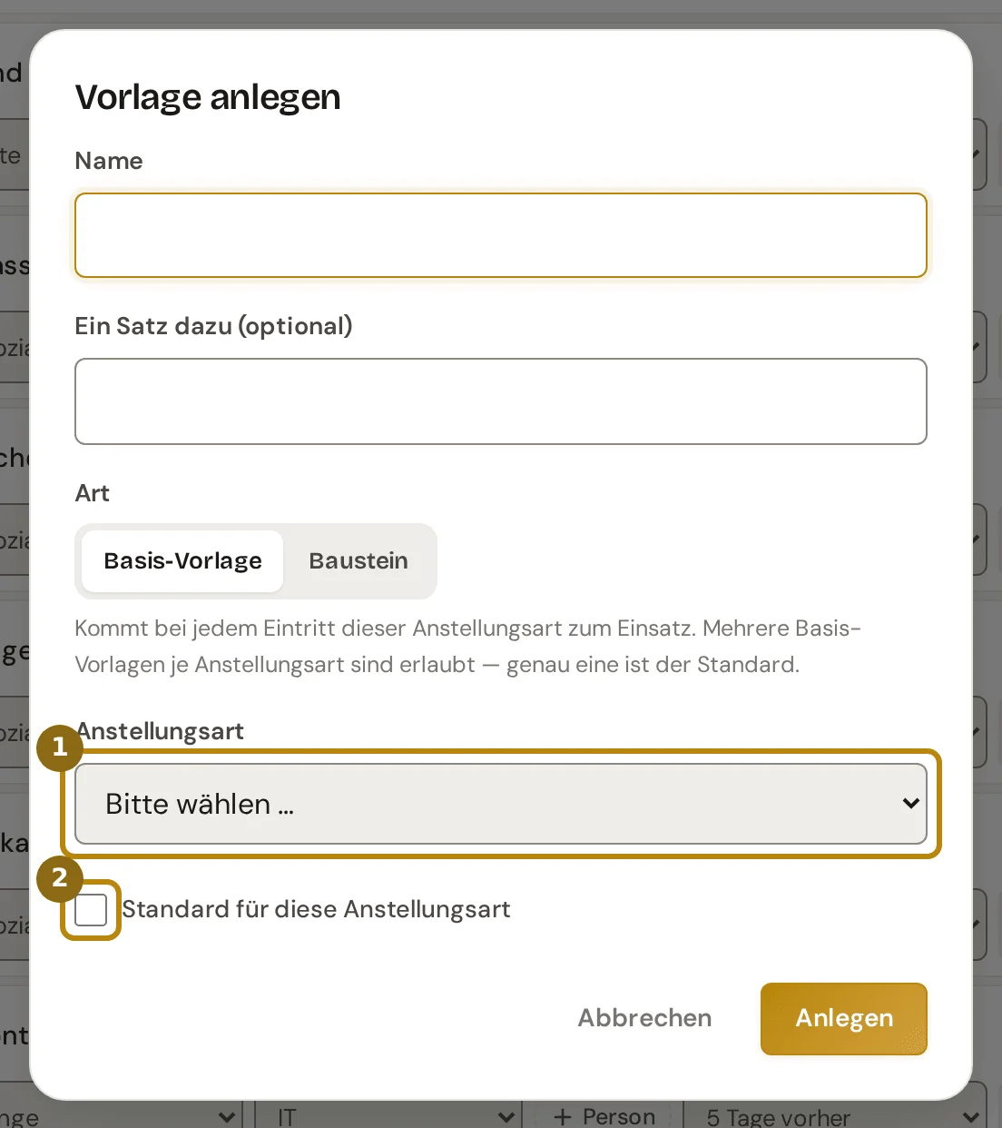 Dialog Vorlage anlegen mit Name, Art Basis-Vorlage, Anstellungsart und dem Häkchen Standard für diese Anstellungsart, markiert sind Anstellungsart und Häkchen