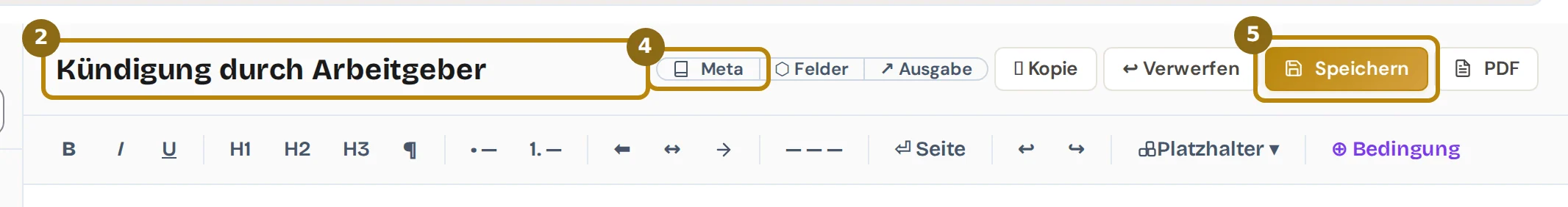Kopf des Editors mit dem Namen der Vorlage, den Knöpfen Meta, Felder, Ausgabe, Kopie, Verwerfen, Speichern und PDF sowie der Werkzeugleiste