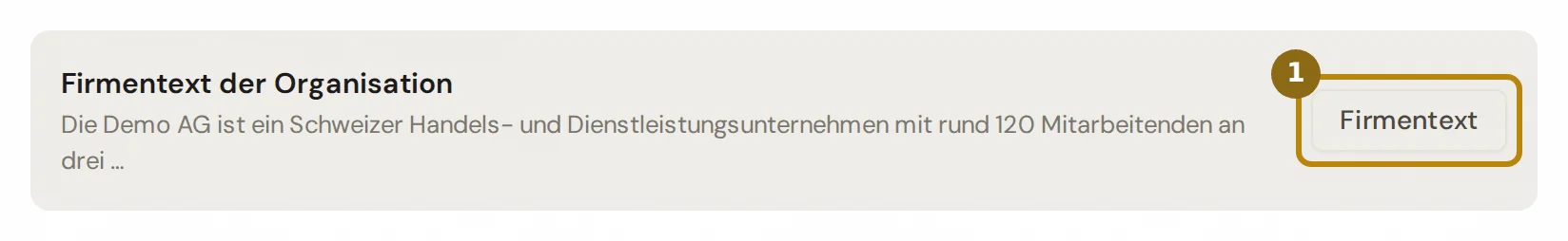 Zeile Firmentext der Organisation über der Bereichsstruktur, markiert ist der Knopf Firmentext