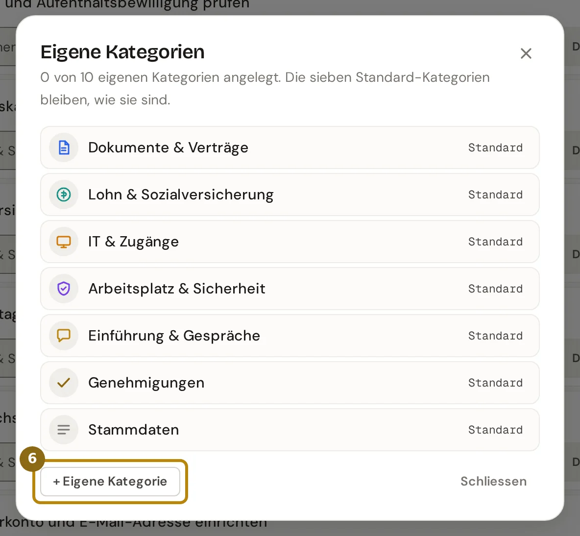Dialog Eigene Kategorien mit der Zahl angelegter eigener Kategorien und den sieben Standard-Kategorien, markiert ist der Knopf Eigene Kategorie
