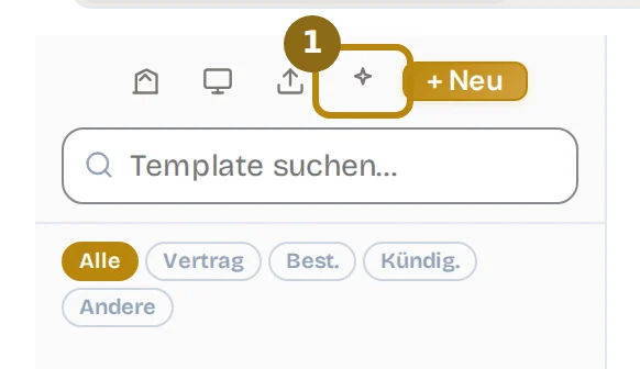 Kopf der Vorlagenliste mit den Knöpfen für Briefkopf, Word-Import, fertige Vorlagen und Neu, darunter Suche und Kategorien, markiert ist der Stern