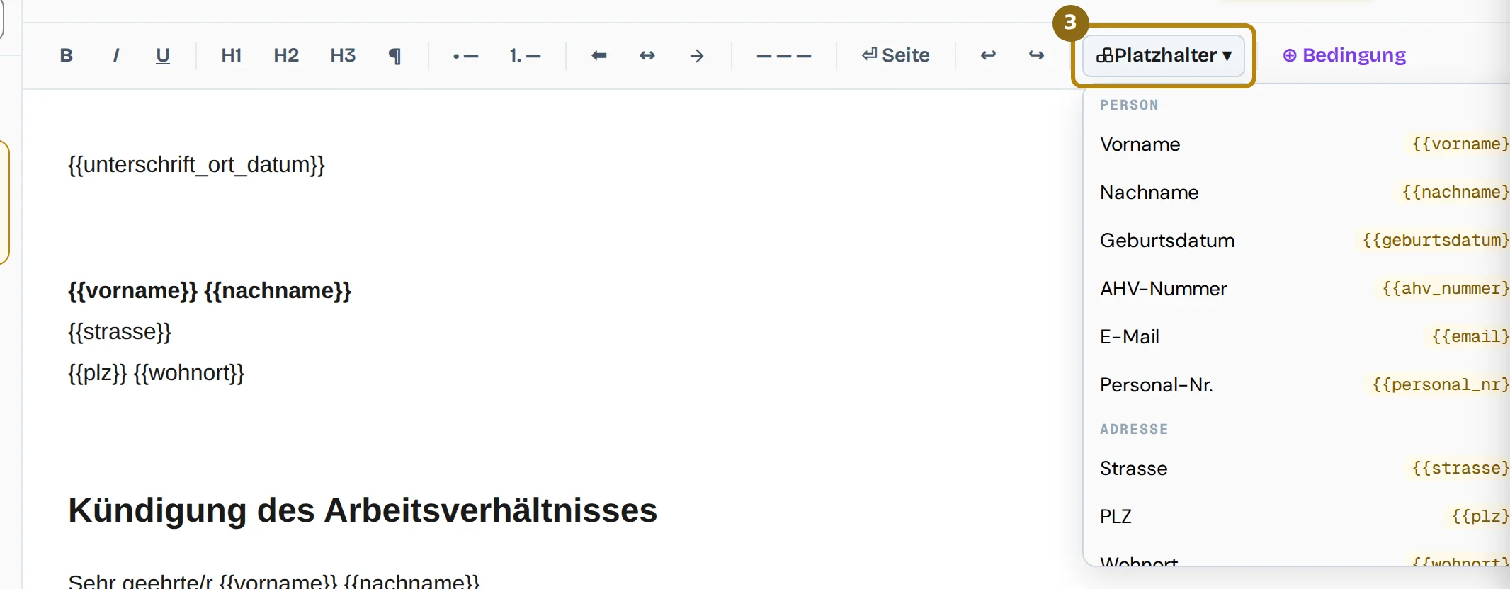 Geöffnetes Menü Platzhalter mit den Gruppen Person, Adresse und Anstellung, markiert ist der Knopf Platzhalter