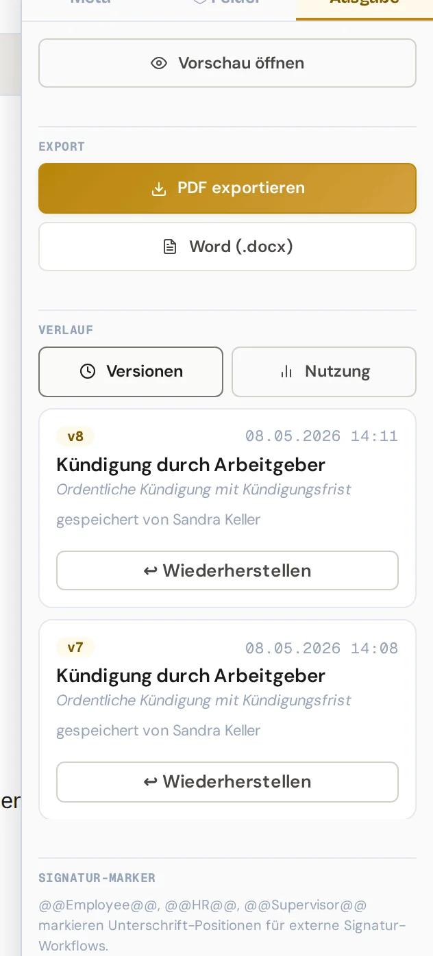 Bereich Ausgabe mit Export und Verlauf, darunter die gespeicherten Versionen der Vorlage mit Nummer, Zeitpunkt und dem Knopf Wiederherstellen