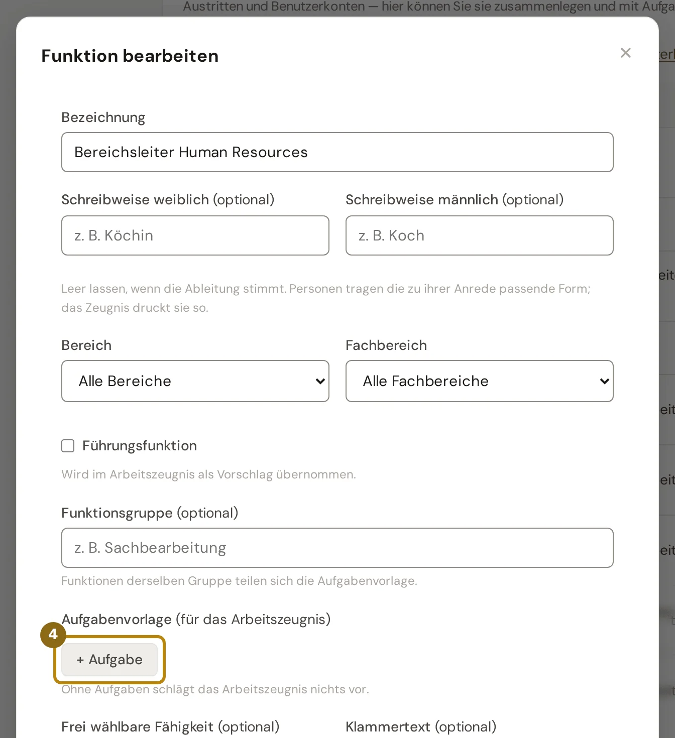 Dialog Funktion bearbeiten mit Aufgabenvorlage und frei wählbarer Fähigkeit, markiert ist der Knopf Aufgabe