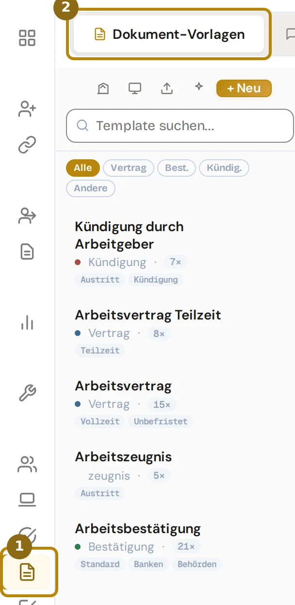 Seitenleiste mit dem Eintrag Templates und die Reiter der Seite, markiert sind der Eintrag und der Reiter Dokument-Vorlagen