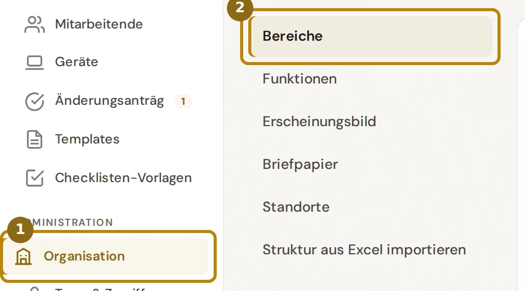 Seitenleiste und Abschnittsliste der Administration, markiert sind der Eintrag Organisation und der Abschnitt Bereiche