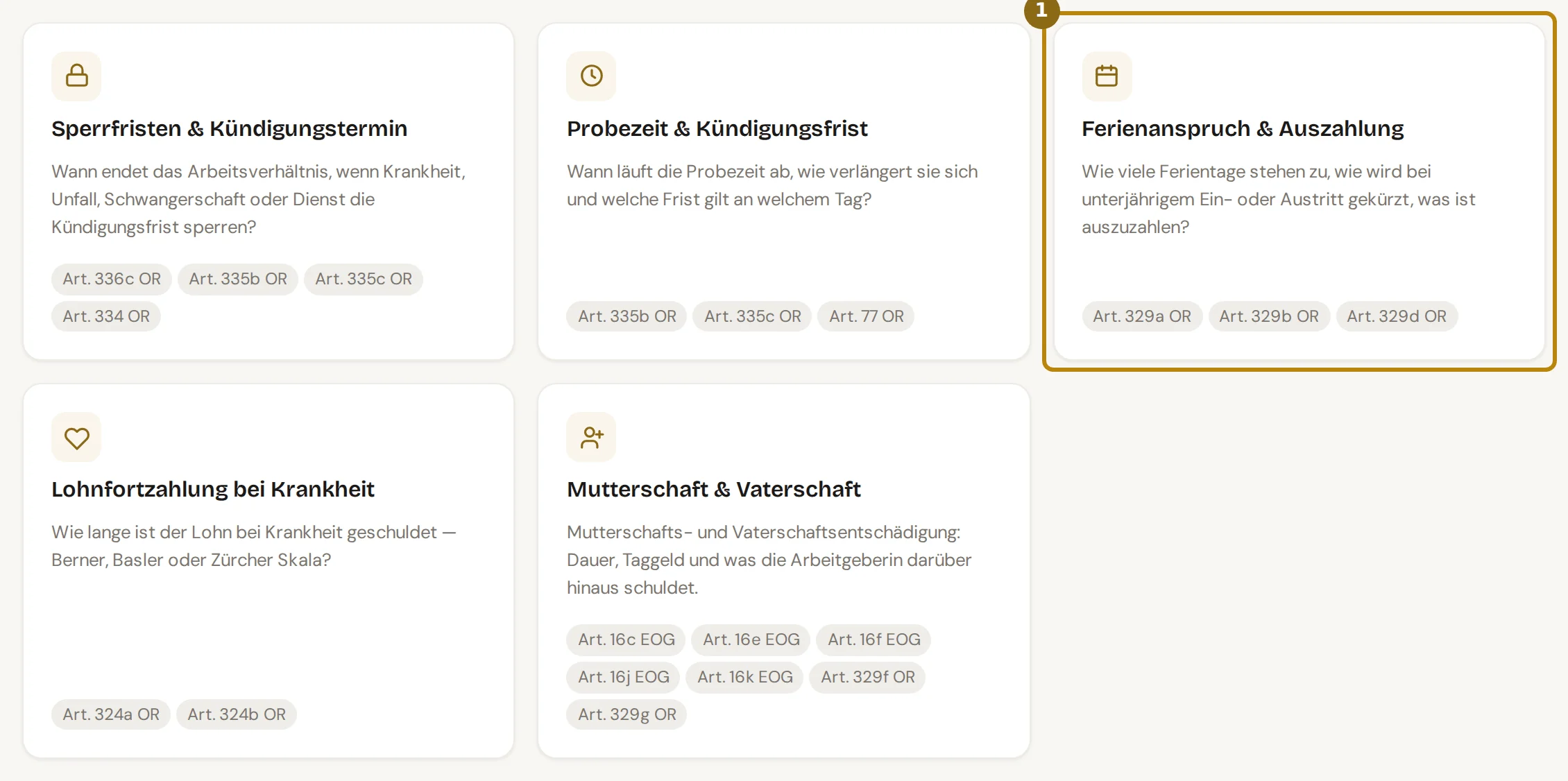 Fünf Kacheln der Werkzeuge mit Name, einem Satz und den Artikeln, markiert ist die Kachel Ferienanspruch und Auszahlung