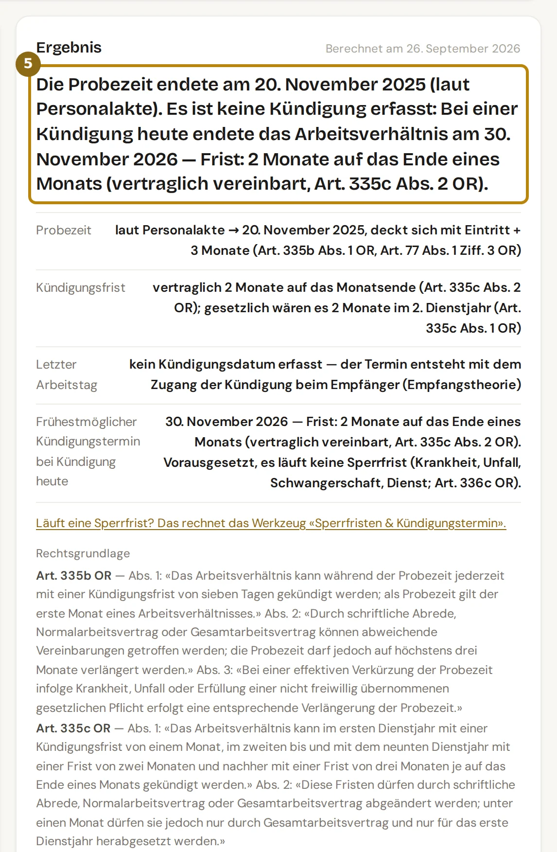 Ergebniskarte mit dem Ergebnissatz, den Rechnungsschritten und der Rechtsgrundlage, markiert ist der Satz