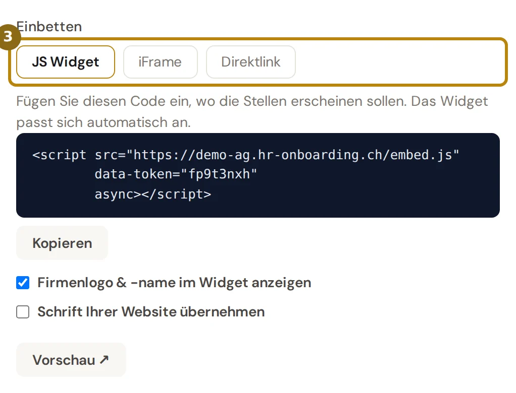 Bereich Einbetten mit den Reitern JS Widget, iFrame und Direktlink, dem Einbettungscode, den beiden Häkchen zu Logo und Schrift und dem Knopf Vorschau, markiert sind die Reiter