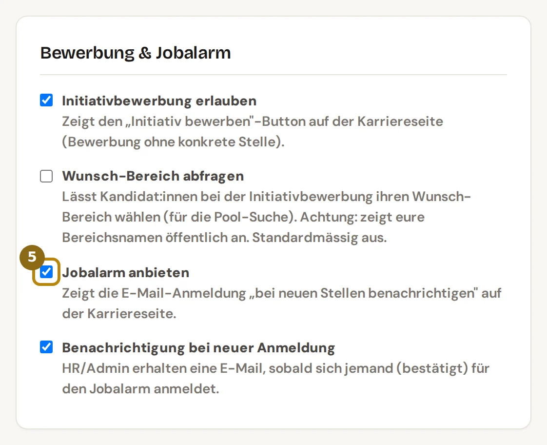 Karte Bewerbung und Jobalarm mit vier Häkchen, markiert ist Jobalarm anbieten