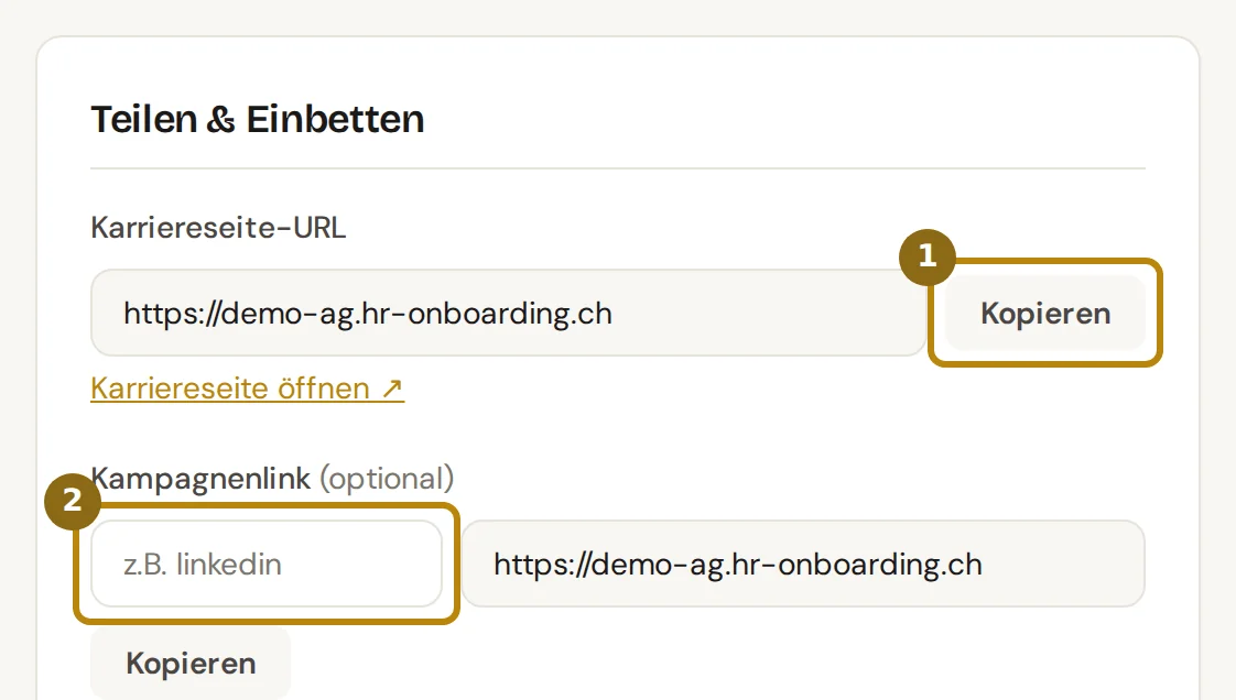 Karte Teilen und Einbetten mit der Adresse der Karriereseite und dem Kampagnenlink, markiert sind Kopieren und das Feld für den Namen der Kampagne