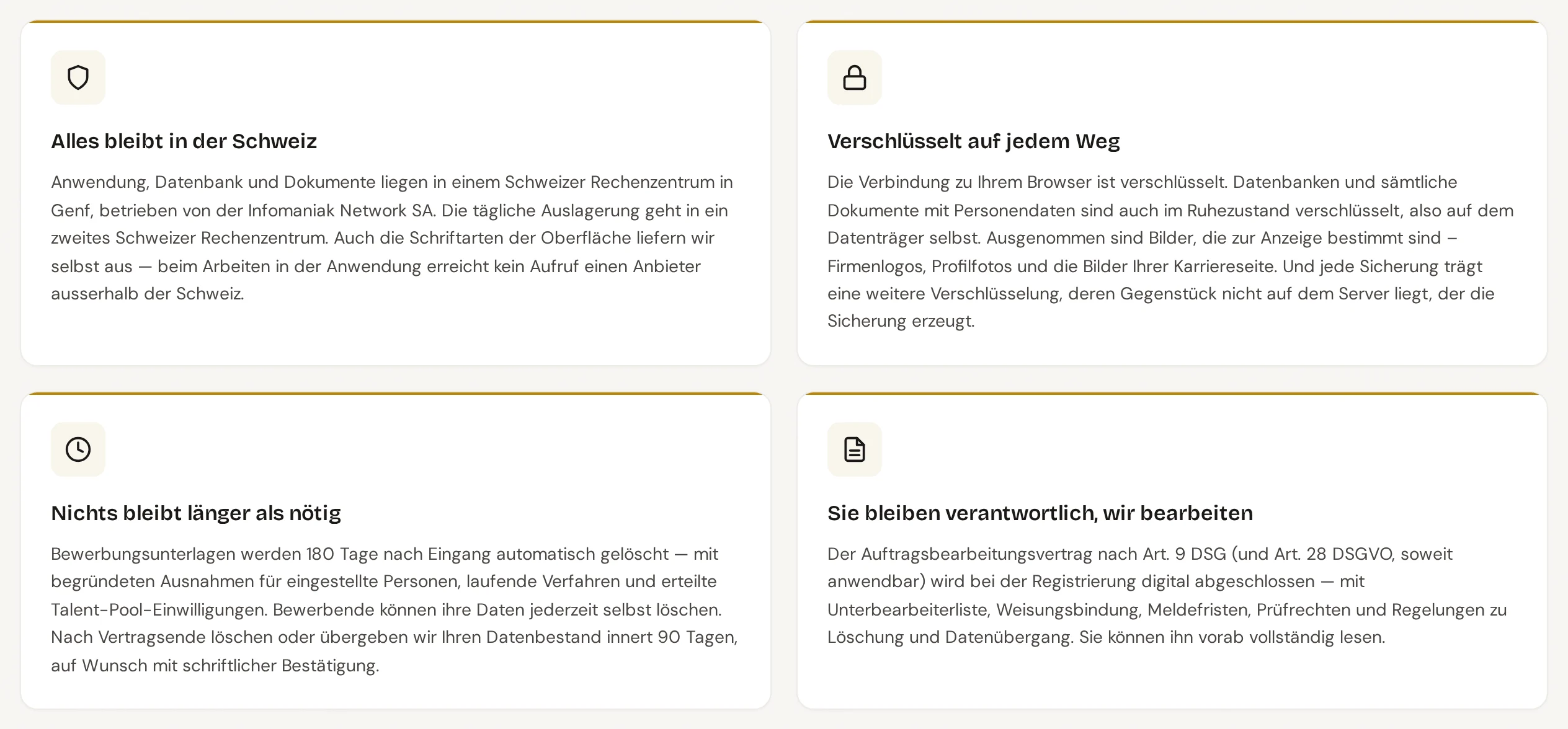 Die vier Zusagen Alles bleibt in der Schweiz, Verschlüsselt auf jedem Weg, Nichts bleibt länger als nötig und Sie bleiben verantwortlich