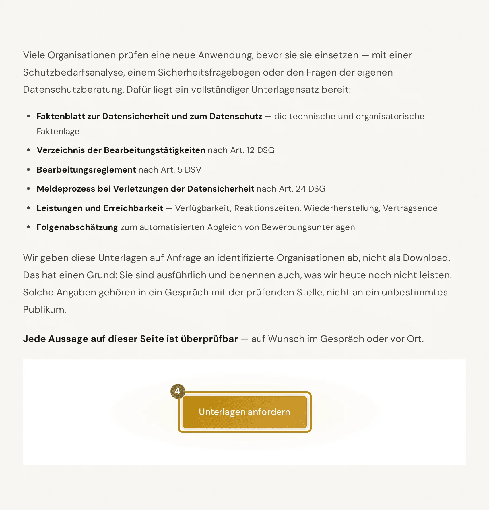 Abschnitt Für Ihre Prüfung mit der Liste der Unterlagen und dem markierten Knopf Unterlagen anfordern