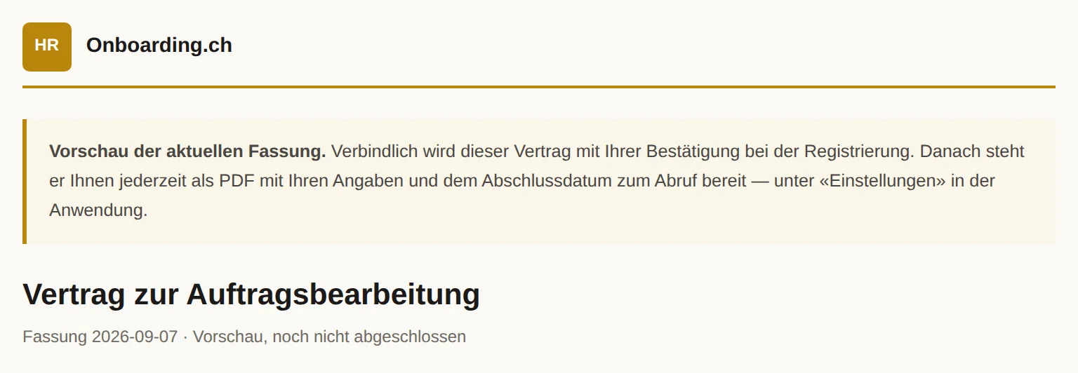 Vorschau des Vertrags zur Auftragsbearbeitung mit dem Hinweis, dass der Vertrag mit der Bestätigung bei der Registrierung verbindlich wird
