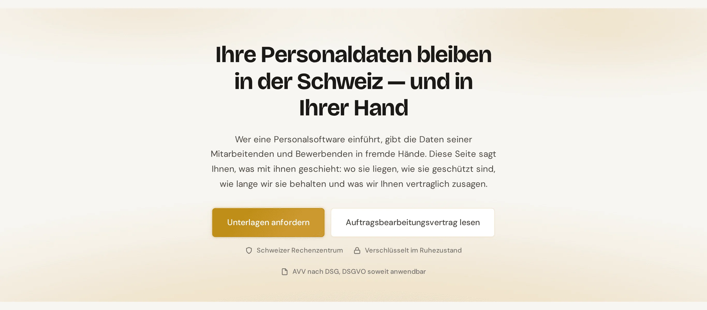 Kopf der öffentlichen Seite Sicherheit und Datenschutz mit den Knöpfen Unterlagen anfordern und Auftragsbearbeitungsvertrag lesen