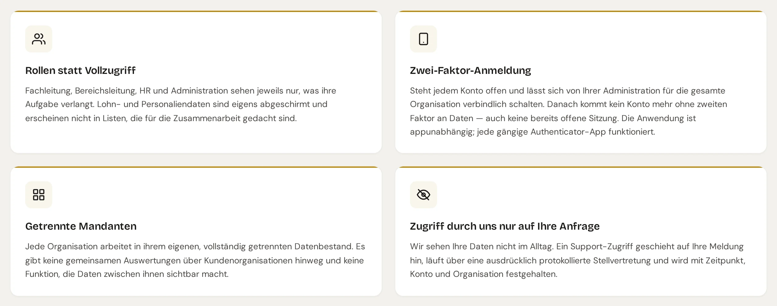 Abschnitt Zugriff mit Rollen statt Vollzugriff, Zwei-Faktor-Anmeldung, getrennten Mandanten und Zugriff durch den Anbieter nur auf Anfrage