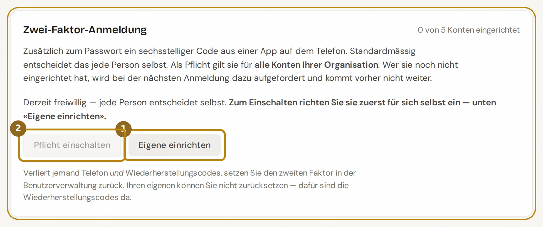 Abschnitt Zwei-Faktor-Anmeldung mit dem Stand der Konten, dem gesperrten Knopf Pflicht einschalten und dem Knopf Eigene einrichten, beide markiert